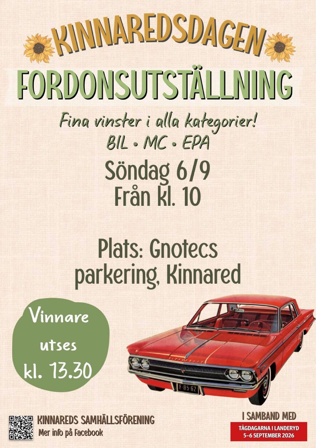 Affisch för fordonsutställning under Kinnaredsdagen 2026